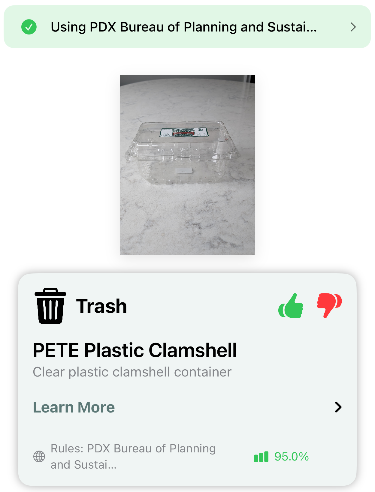 Portland: Trash for the same PETE plastic clamshell via PDX Bureau of Planning and Sustainability